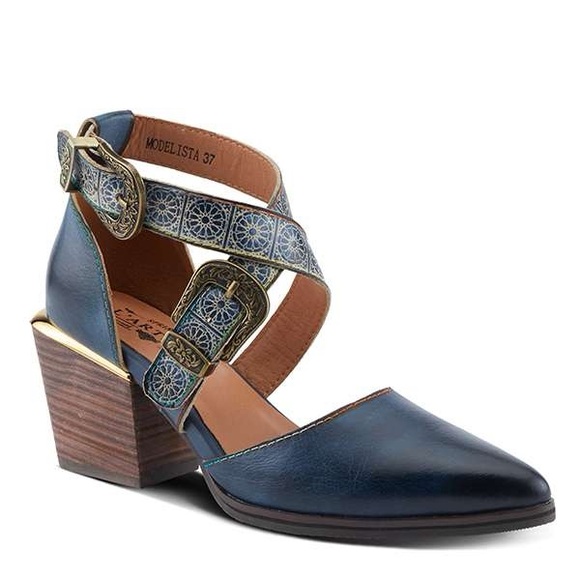 L'ATISTE Blue Heeled Boots with Gold Accents